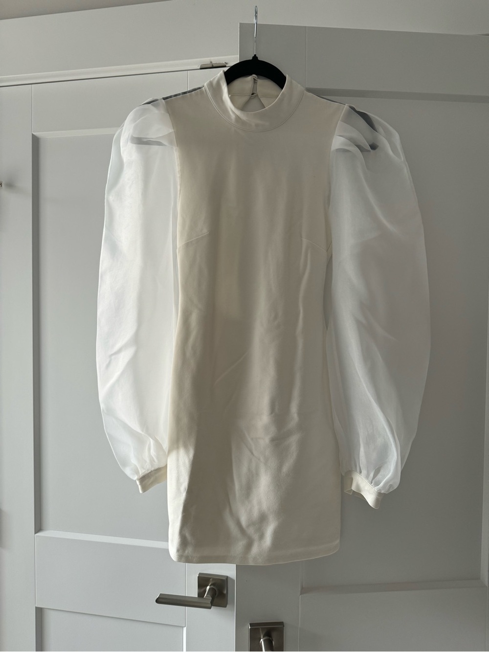 Revolve Cream Mini Dress with Sheer Puff Sleeves *